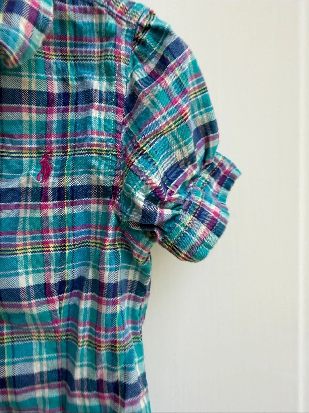 Ralph Lauren Girl 5 Blue Pink Plaid Ruffle Button Down Formal Short Sleeve Shirt